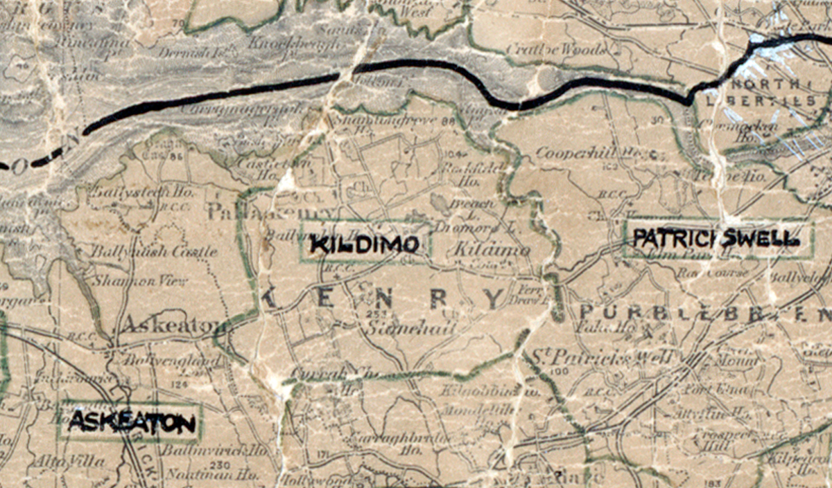 A scanned, worn historical map from the 1940s of the rural electrification area around Kildimo. A hand‑drawn boundary outlines the region, including Askeaton, and Patrickswell.