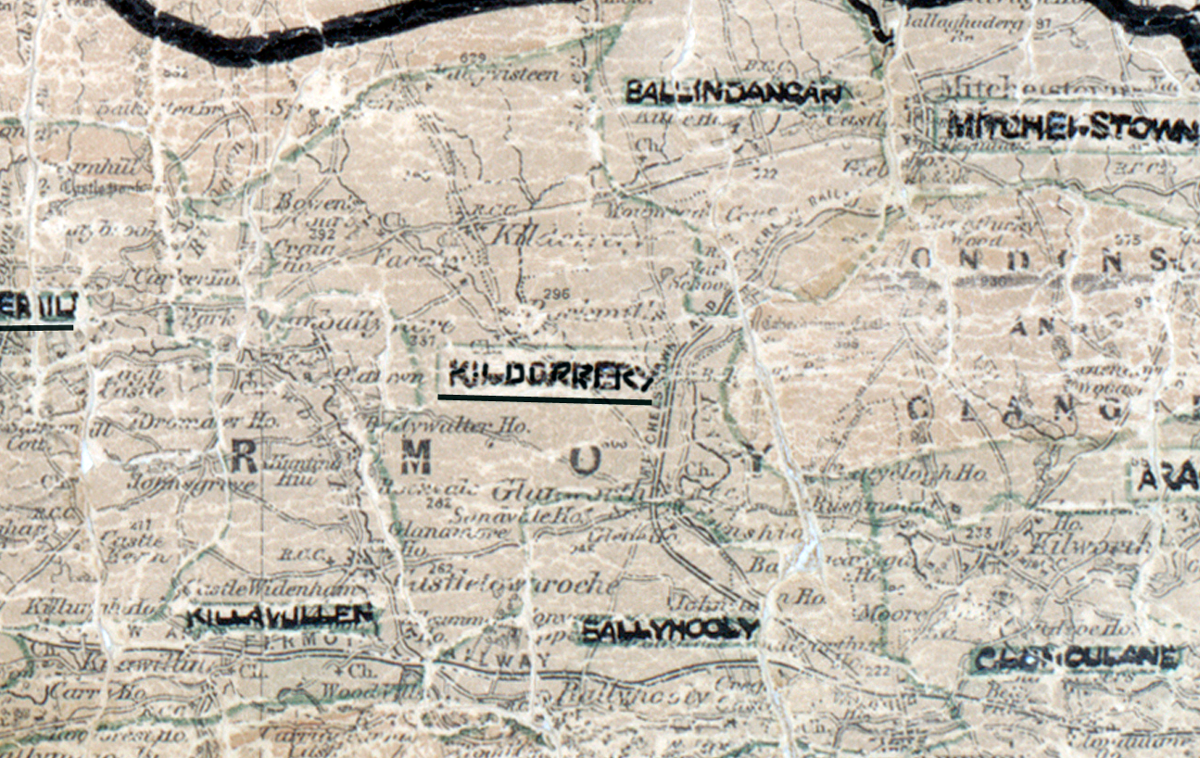 A scanned, worn historical map from the 1940s of the  rural electrification area around Kildorrery. A hand‑drawn boundary outlines the region, including Ballindangan, Michelstown, Killavullen, Ballyhooley and Clondulane.