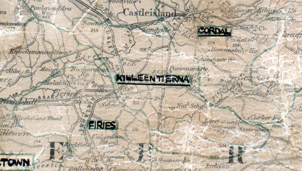A scanned, worn historical map from the 1940s of the  	rural electrification area around Kileentierna. A hand‑drawn boundary outlines the region, including Cordal and Firies.