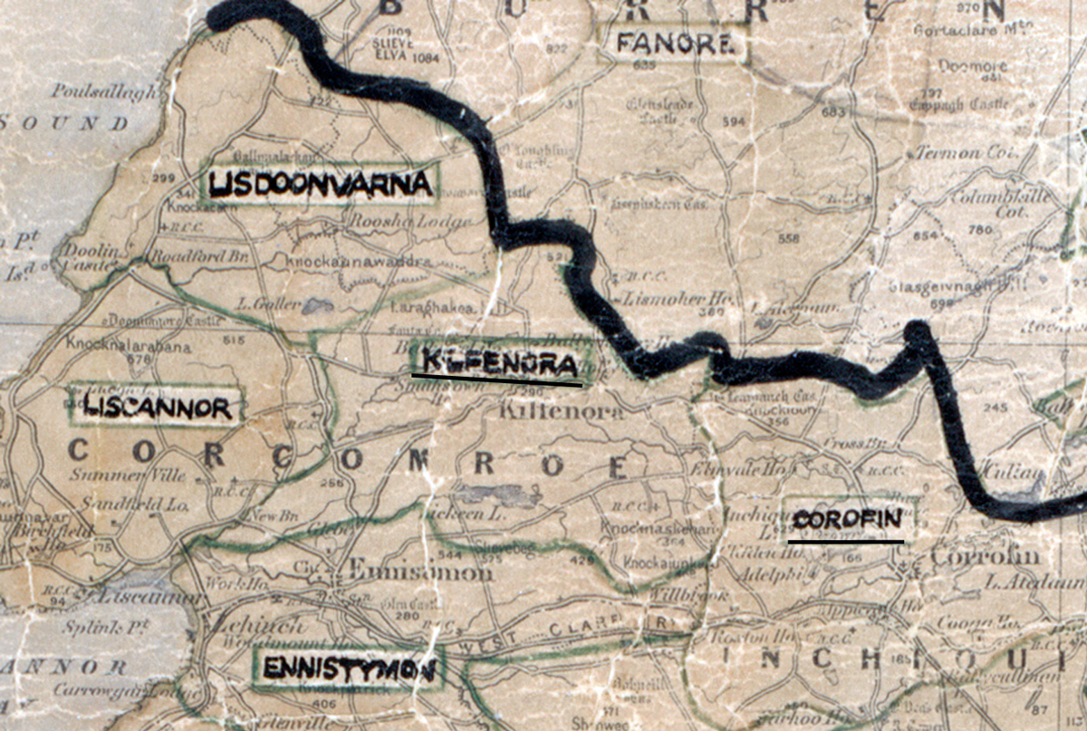 A scanned, worn historical map from the 1940s of the rural electrification area around Kilfenora. A hand‑drawn boundary outlines the region, including Lisdoonvarna, Fanore, Liscannor, Ennistymon, and Corofin.