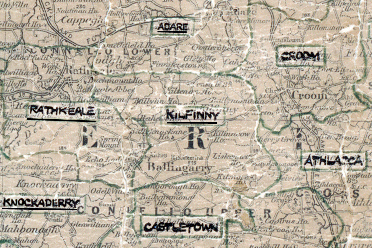 A scanned, worn historical map from the 1940s of the rural electrification area around Kilfinny. A hand‑drawn boundary outlines the region, including Rathkeale, Adare, Croom, Knockaderry, Castletown, and Athlacca.