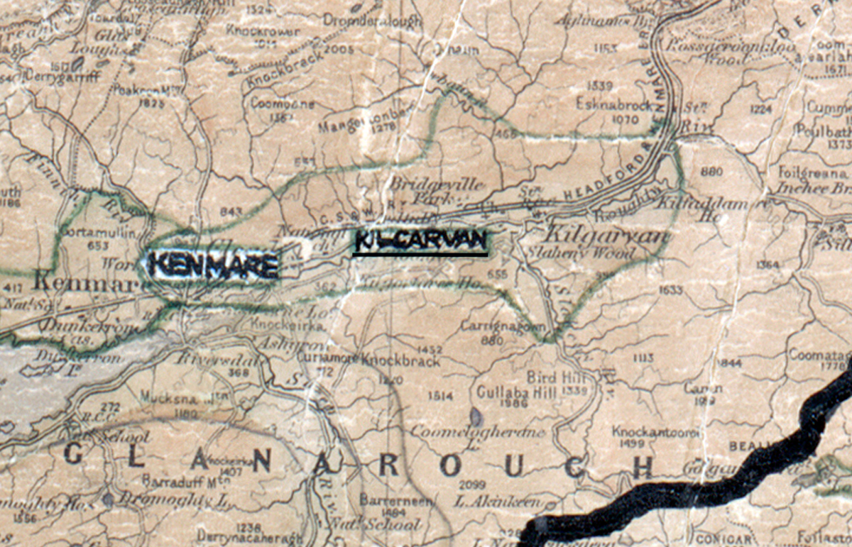 A scanned, worn historical map from the 1940s of the  rural electrification area around Kilgarvan. A hand‑drawn boundary outlines the region, including Kenmare.