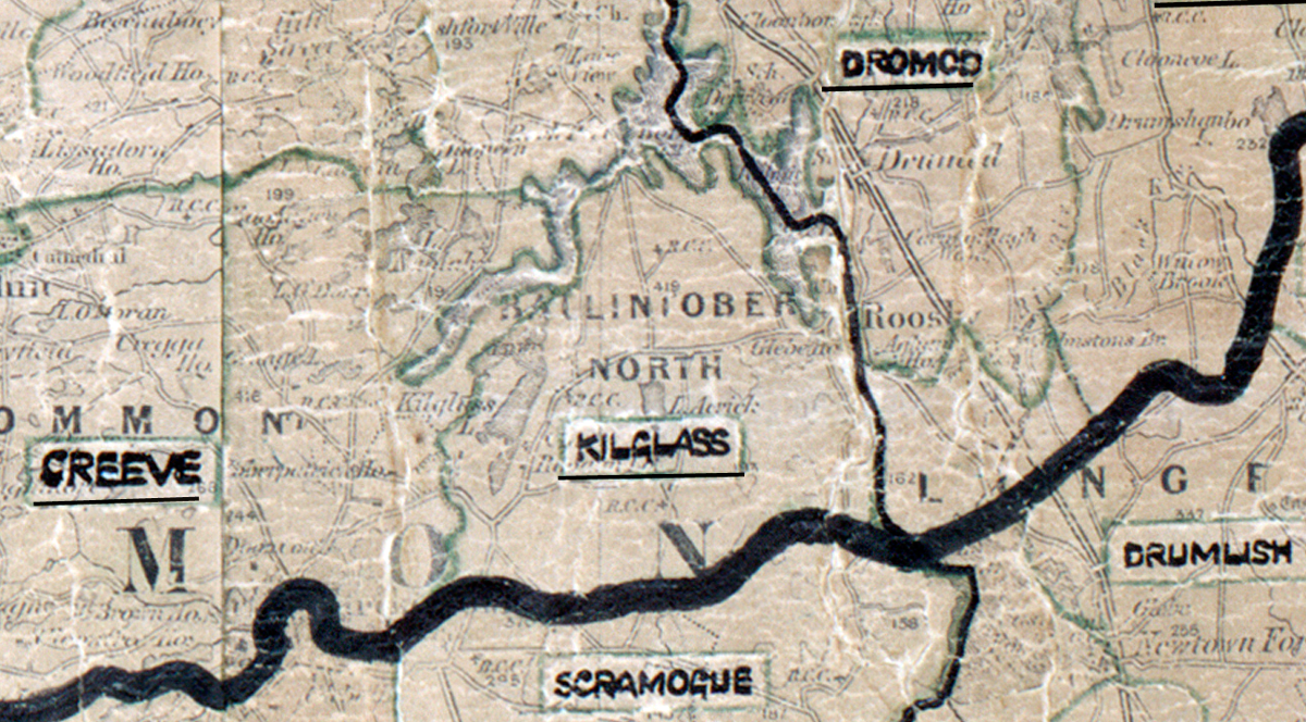 A scanned, worn historical map from the 1940s of the  rural electrification area around Kilglass. A hand‑drawn boundary outlines the region, including Dromco, Creeve, Scramogue and Drumlish.