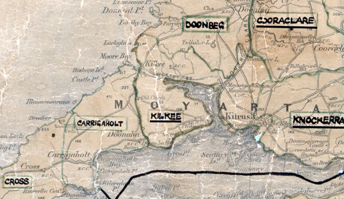 A scanned, worn historical map from the 1940s of the rural electrification area around Kilkee. A hand‑drawn boundary outlines the region, including Doonbeg, Carrigaholt, Cross, Cooraclare, and Knockerra.
