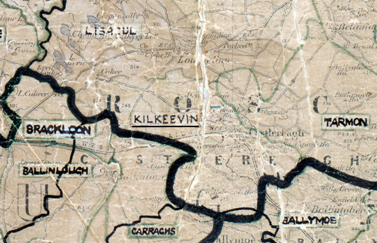 A scanned, worn historical map from the 1940s of the  rural electrification area around Kilkeevin. A hand‑drawn boundary outlines the region, including Brackloon, Ballinlough, Tarmon, Ballymoe and Carraghs.
