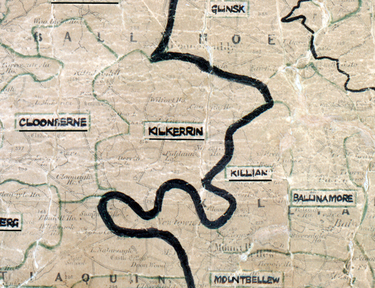 A scanned, worn historical map from the 1940s of the rural electrification area around Kilkerrin. A hand‑drawn boundary outlines the region, including Cloonfere, Killian, Ballinamore, Mountbellew, and Glinsk.