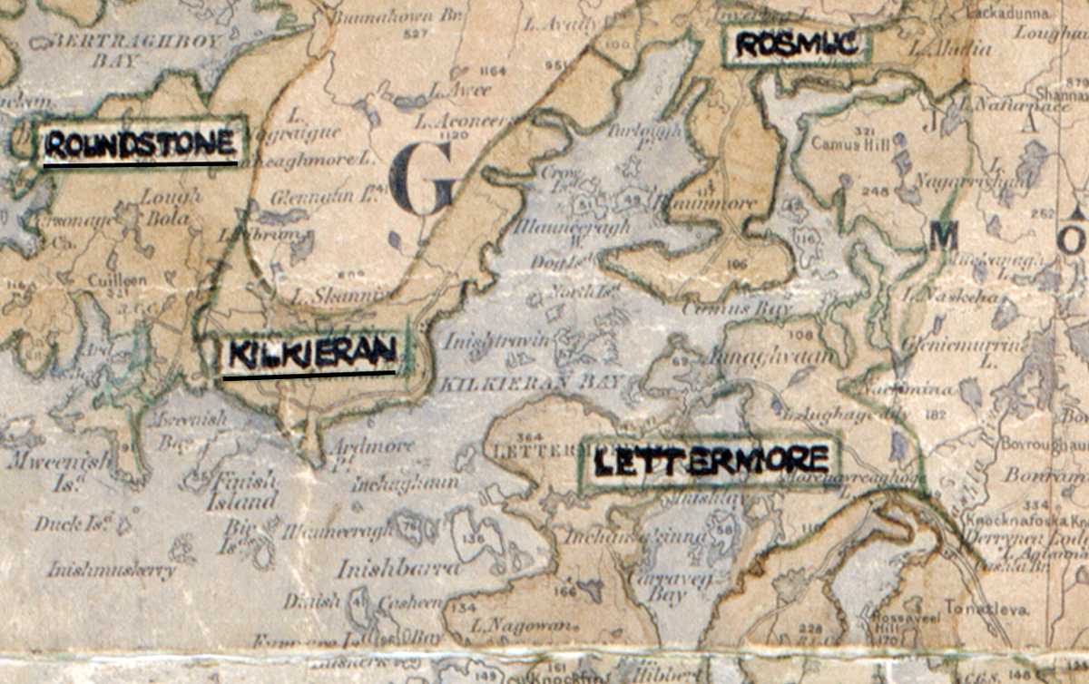 A scanned, worn historical map from the 1940s of the  rural electrification area around Kilkieran. A  hand‑drawn boundary outlines the region.