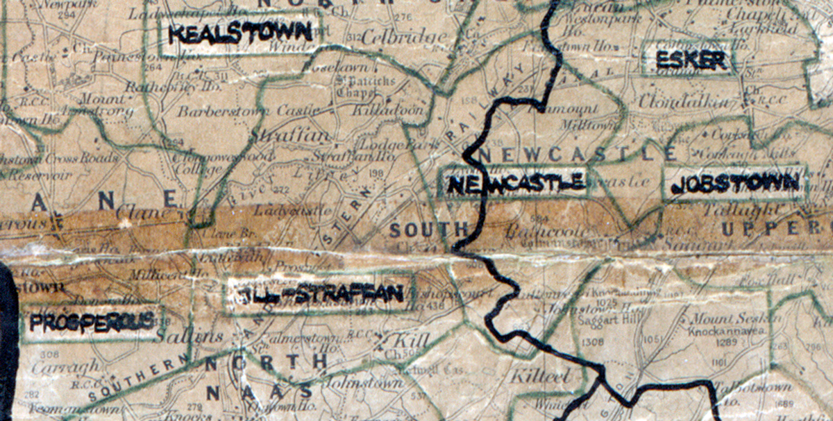 A scanned, worn historical map from the 1940s of the  rural electrification area around Kill. A hand‑drawn boundary outlines the region, including Kealstown, Prosperous, Esker, Newcastle and Jobstown.