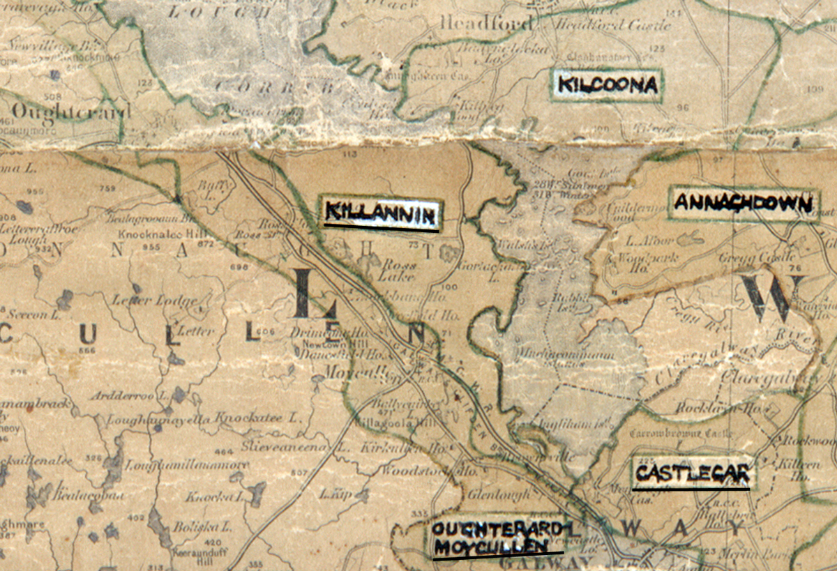 A scanned, worn historical map from the 1940s of the rural electrification area around Killannin. A hand‑drawn boundary outlines the region, including Kilcoona, Annachdown, Castlecar, Oughterard, and Moycullen.