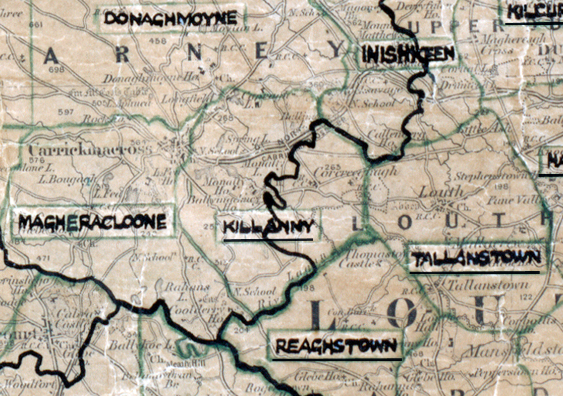 A scanned, worn historical map from the 1940s of the rural electrification area around Killanny. A hand‑drawn boundary outlines the region, including Donaghmoyne, Iniskeen, Magheracloone, Reachstown, and Tullanstown.