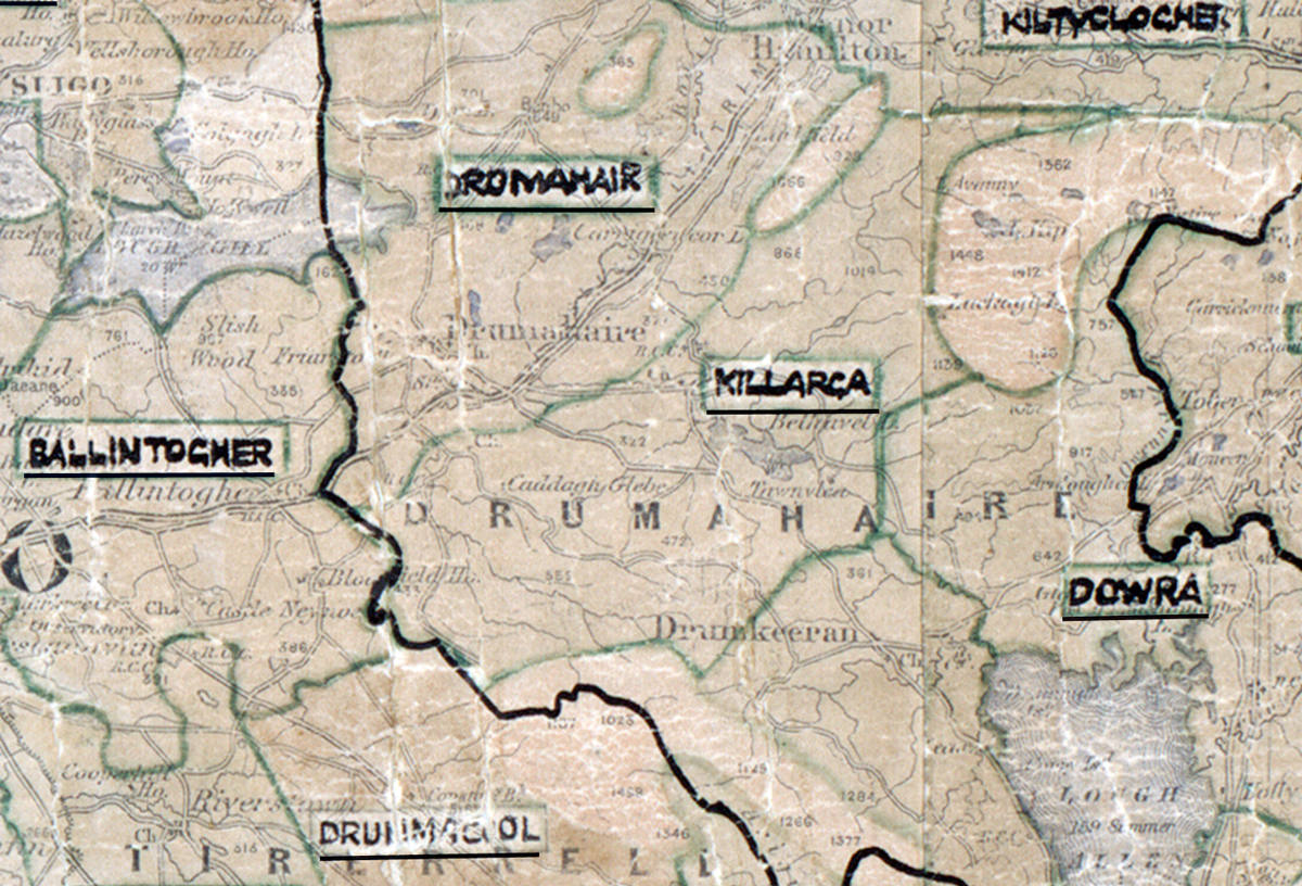 A scanned, worn historical map from the 1940s of the rural electrification area around Killarga. A hand‑drawn boundary outlines the region, including Ballintogher, Dromahair, Dowra, Drumcol, and Kiltyclogher.