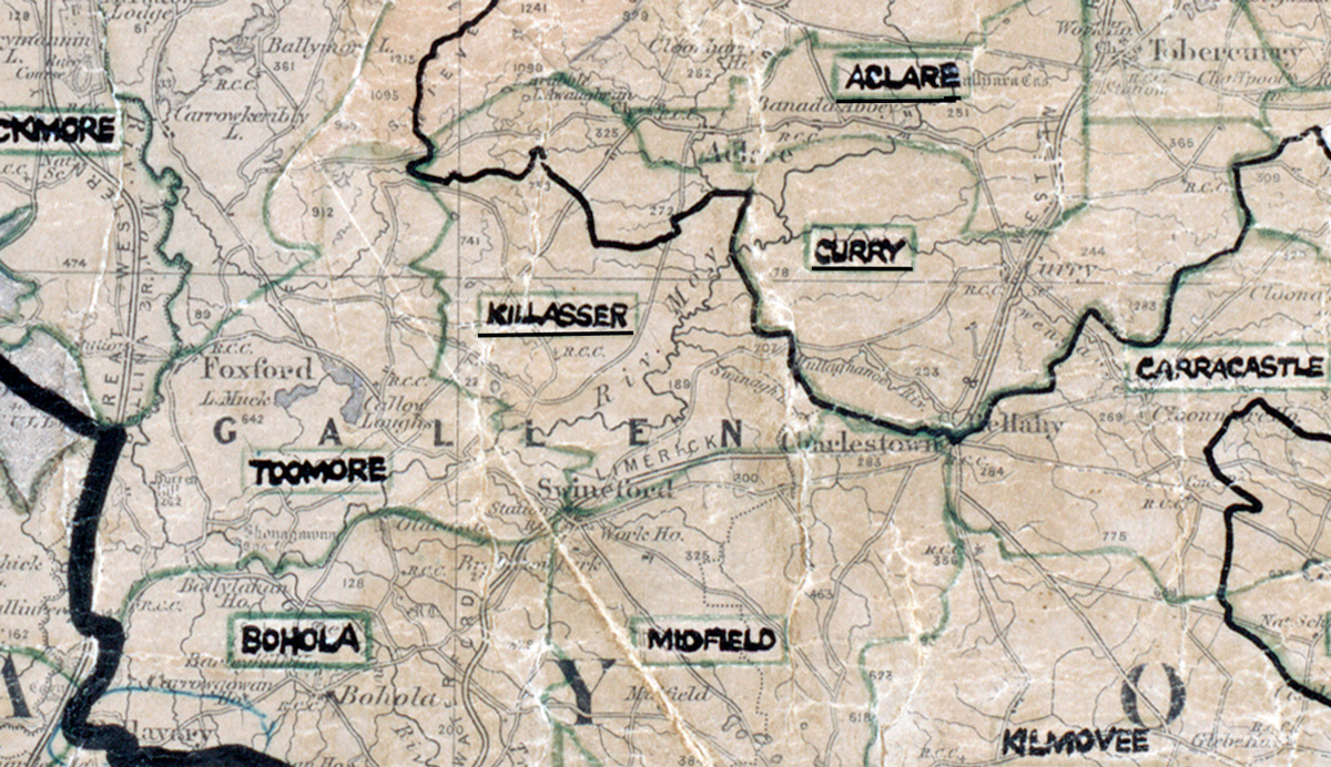 Map extract showing rural electrification areas in County Mayo, including Killasser, Toomore, Bohola, Midfield and Carracastle.