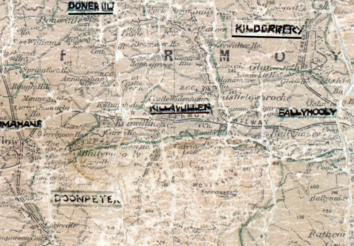 A scanned, worn historical map from the 1940s of the  rural electrification area around Killavullen. A hand‑drawn boundary outlines the region, including Doneraile, Kildorrery, Ballyhooly and Doonpeter.