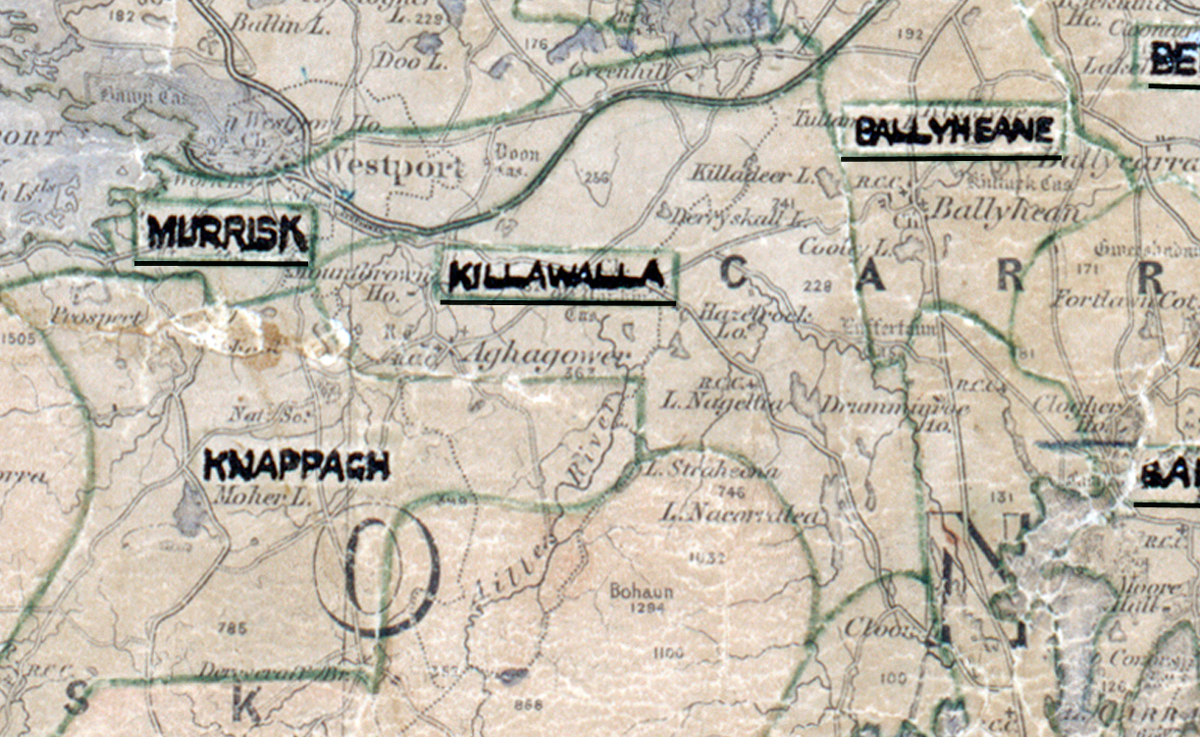 A scanned, worn historical map from the 1940s of the rural electrification area around Killawalla. A hand‑drawn boundary outlines the region, including Murrisk, Knappagh, and Ballyheane.