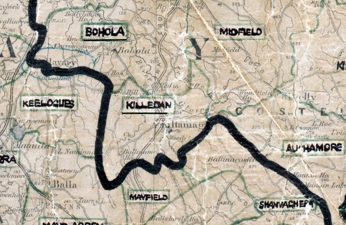 A scanned, worn historical map from the 1940s of the rural electrification area around Killedan. A hand‑drawn boundary outlines the region, including Bohola, Midfield, Kilmovee, Mayfield, Shanvagher, and Aughamore.
