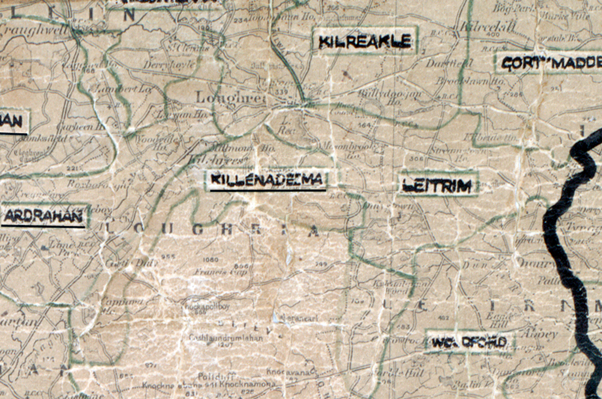 A scanned, worn historical map from the 1940s of the rural electrification area around Killeenadeema. A hand‑drawn boundary outlines the region, including Kilreacle, Gortymadden, Leitrim, Ardrahan, and Woodford.