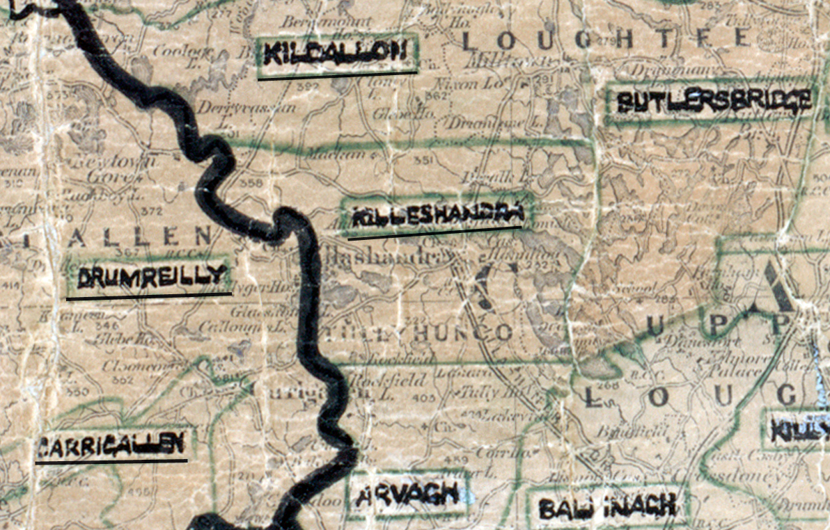 A scanned, worn historical map from the 1940s of the rural electrification area around Killeshandra. A hand‑drawn boundary outlines the region, including Kildallon, Drumreilly, Arvagh, Butlersbridge, and Ballymach.
