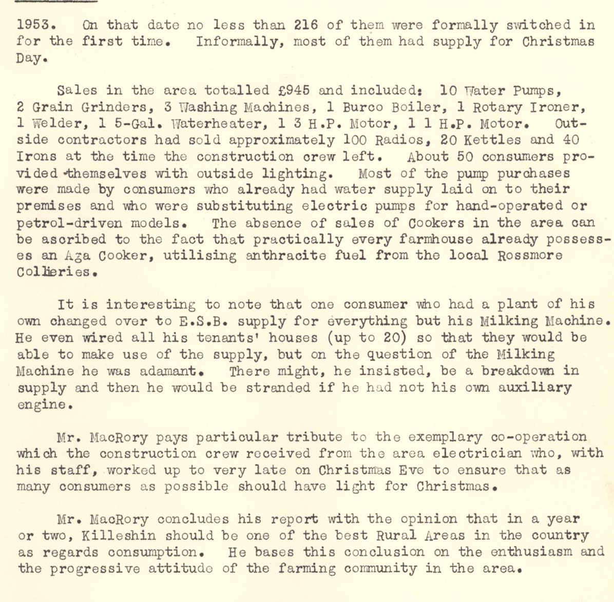 A scanned page from the ESB REO magazine about the Killeshin Rural Area.