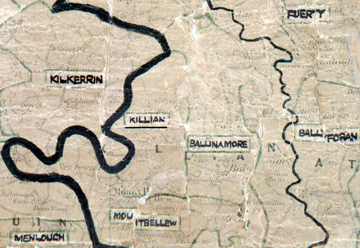 A scanned, worn historical map from the 1940s of the rural electrification area around Killian. A hand‑drawn boundary outlines the region, including Kilkerrin, Ballinamore, Ballyforan, Mountbellew, Menlough, and Fuerty.