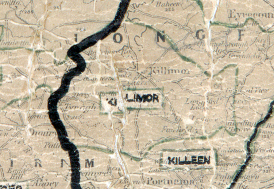 A scanned, worn historical map from the 1940s of the rural electrification area around Killimor. A hand‑drawn boundary outlines the region, including Killeen.