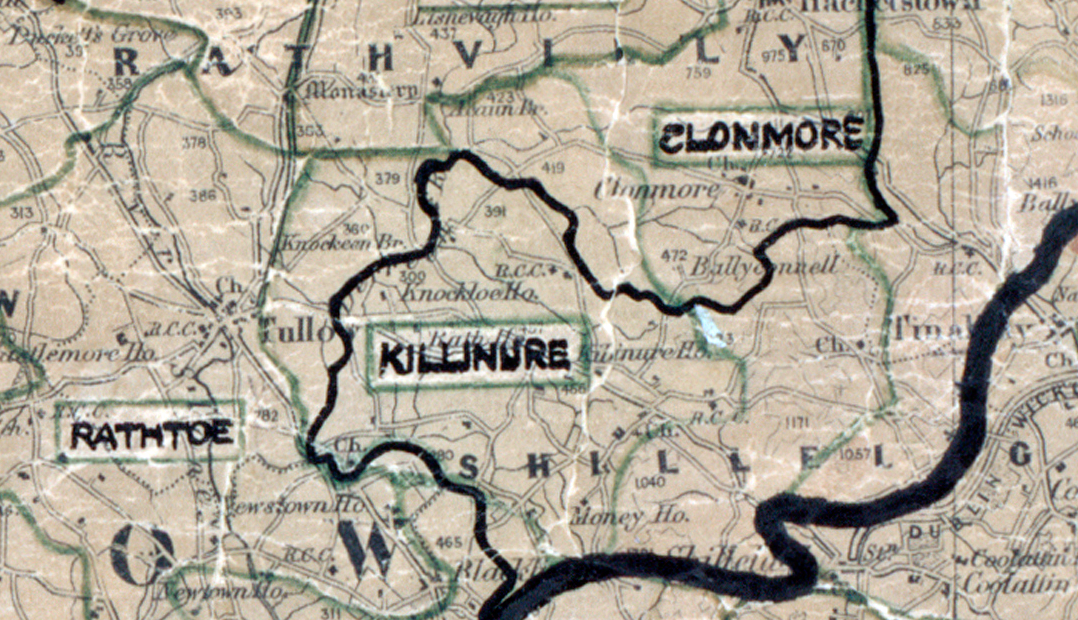 A scanned, worn historical map from the 1940s of the rural electrification area around Killinure. A hand‑drawn boundary outlines the region, including Rathoe, and Clonmore.