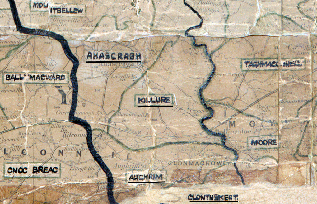 A scanned, worn historical map from the 1940s of the rural electrification area around Killure. A hand‑drawn boundary outlines the region, including Ballmacward, Ahascragh, Cnoc Breac, Aghrim, Clontuskert, Taughmaconnell, and Moore.