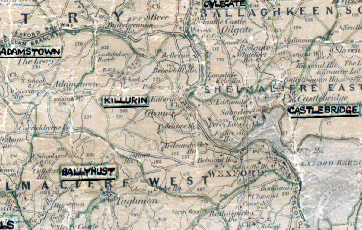 “A scanned, worn historical map from the 1940s of the rural electrification area around Killurin. A hand‑drawn boundary outlines the region, including Castlebridge and Ballyhust.