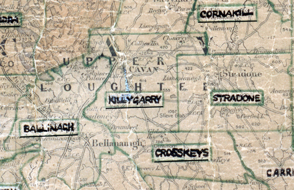 A scanned, worn historical map from the 1940s of the rural electrification area around Killygarry. A hand‑drawn boundary outlines the region, including Stradone, Cornakill, Crosskeys, and Ballinagh.