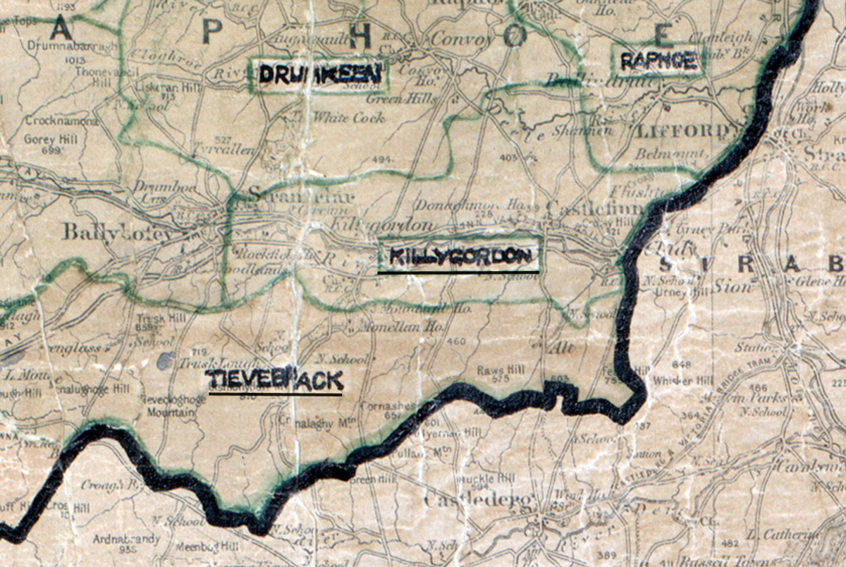 A scanned, worn historical map from the 1940s of the rural electrification area around Killygordon. A hand‑drawn boundary outlines the region, including Drumkeen, Raphoe, and Tievebrack.