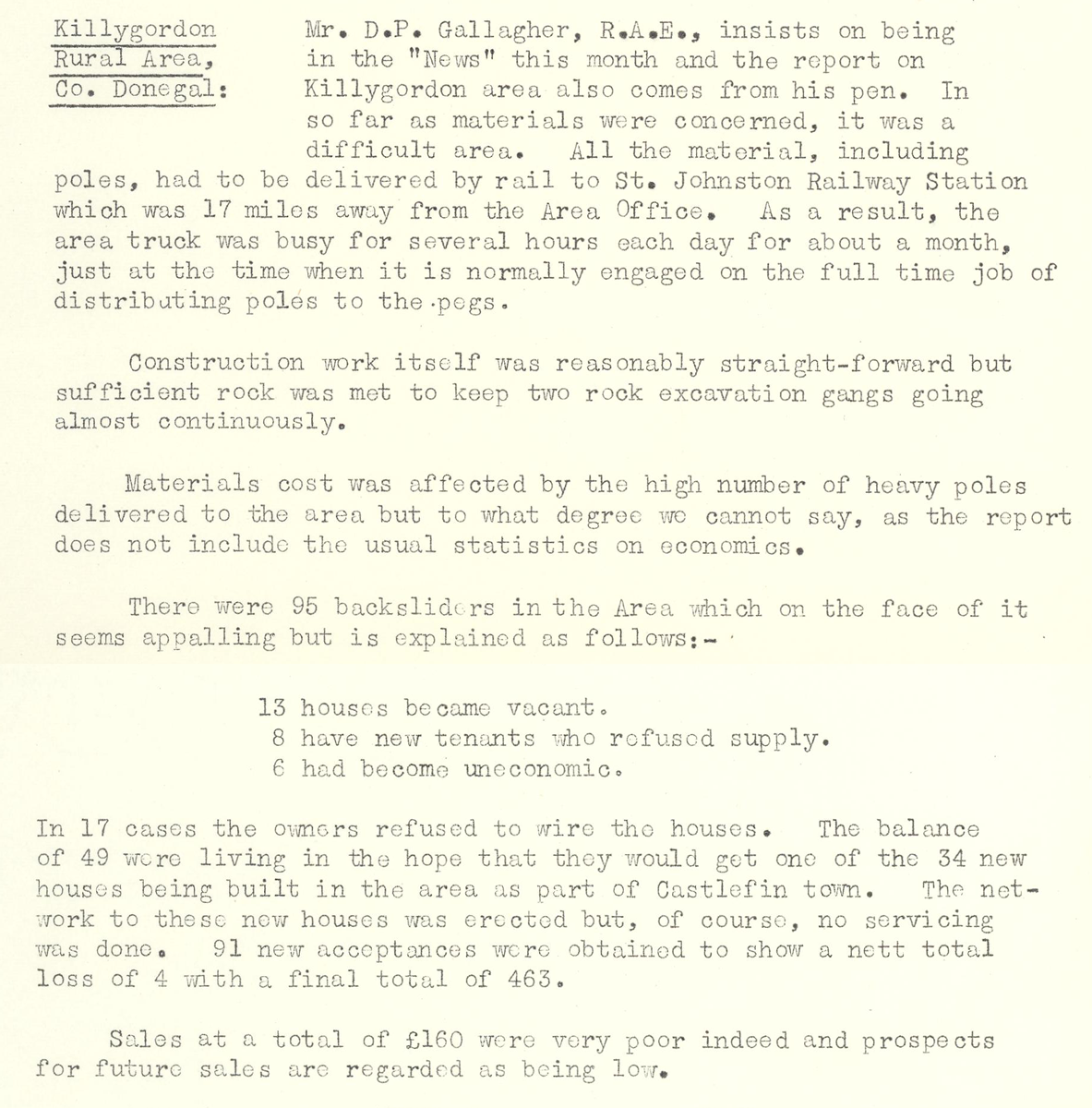 A scanned page from the ESB REO magazine about the Killygordon Rural Area