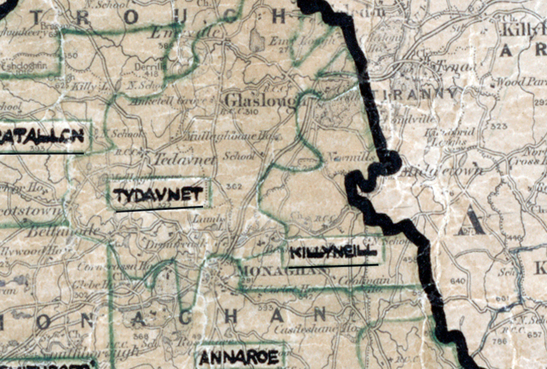 A scanned, worn historical map from the 1940s of the rural electrification area around Killyneill. A hand‑drawn boundary outlines the region, including Knockatallon, Tydavnet, Glaslough, and Annaroe.