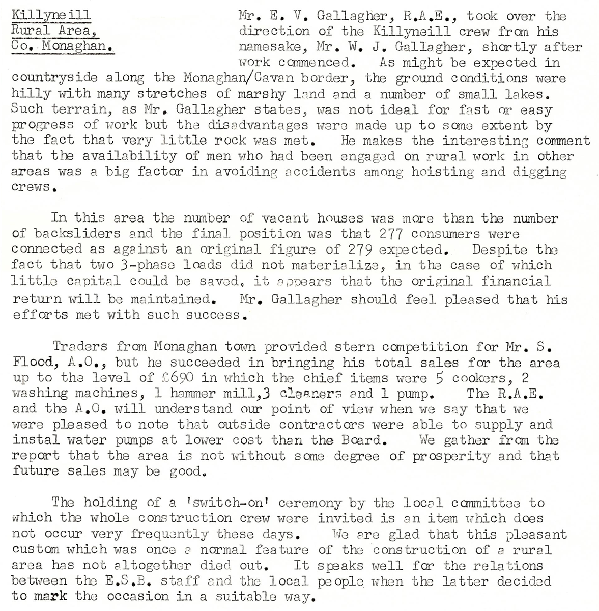 A scanned page from the ESB REO magazine about the Killyneill Rural Area