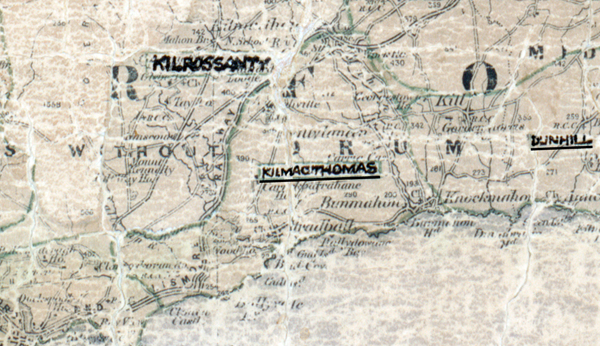 A scanned, worn historical map from the 1940s of the rural electrification area around Kilmacthomas. A hand‑drawn boundary outlines the region, including Kilrossanty, and Dunhill.