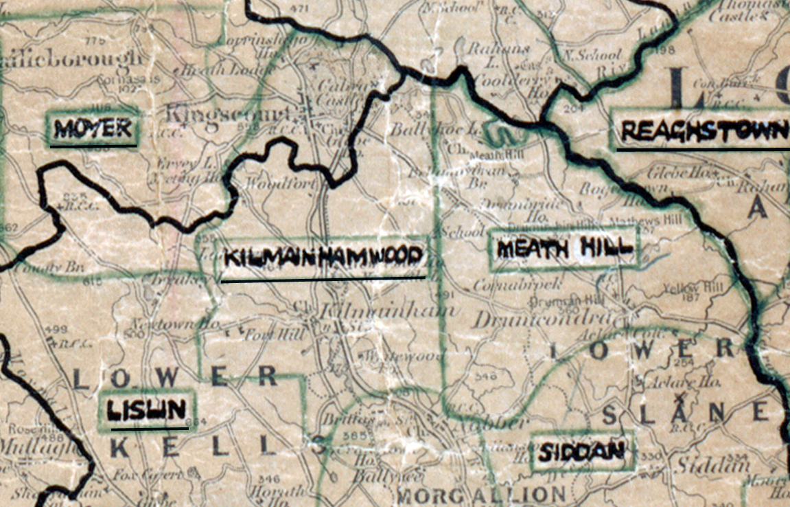 A scanned, worn historical map from the 1940s of the  rural electrification area around Kilmainhamwood. A hand‑drawn boundary outlines the region, including Moyer, Reaghstown, Meath Hill, Lislin, Tinryland and Siddan.