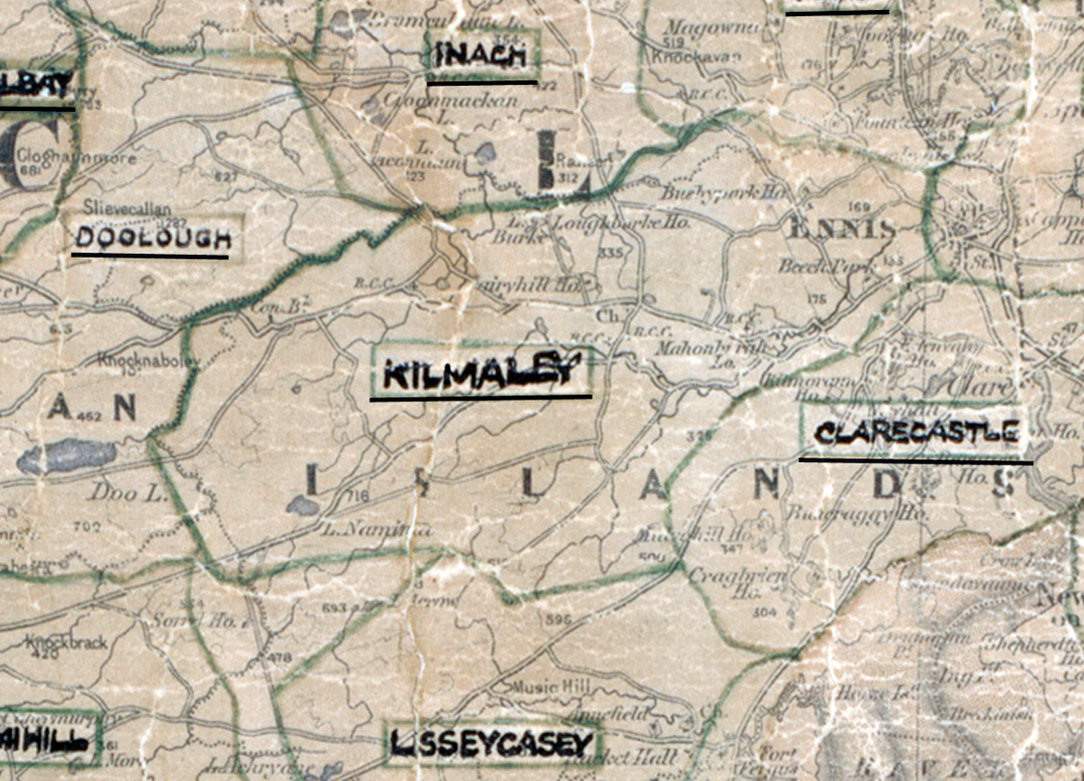 A scanned, worn historical map from the 1940s of the rural electrification area around Kilmaley. A hand‑drawn boundary outlines the region, including Inagh, Doolough, Clarecastle, and Lisseycasey.