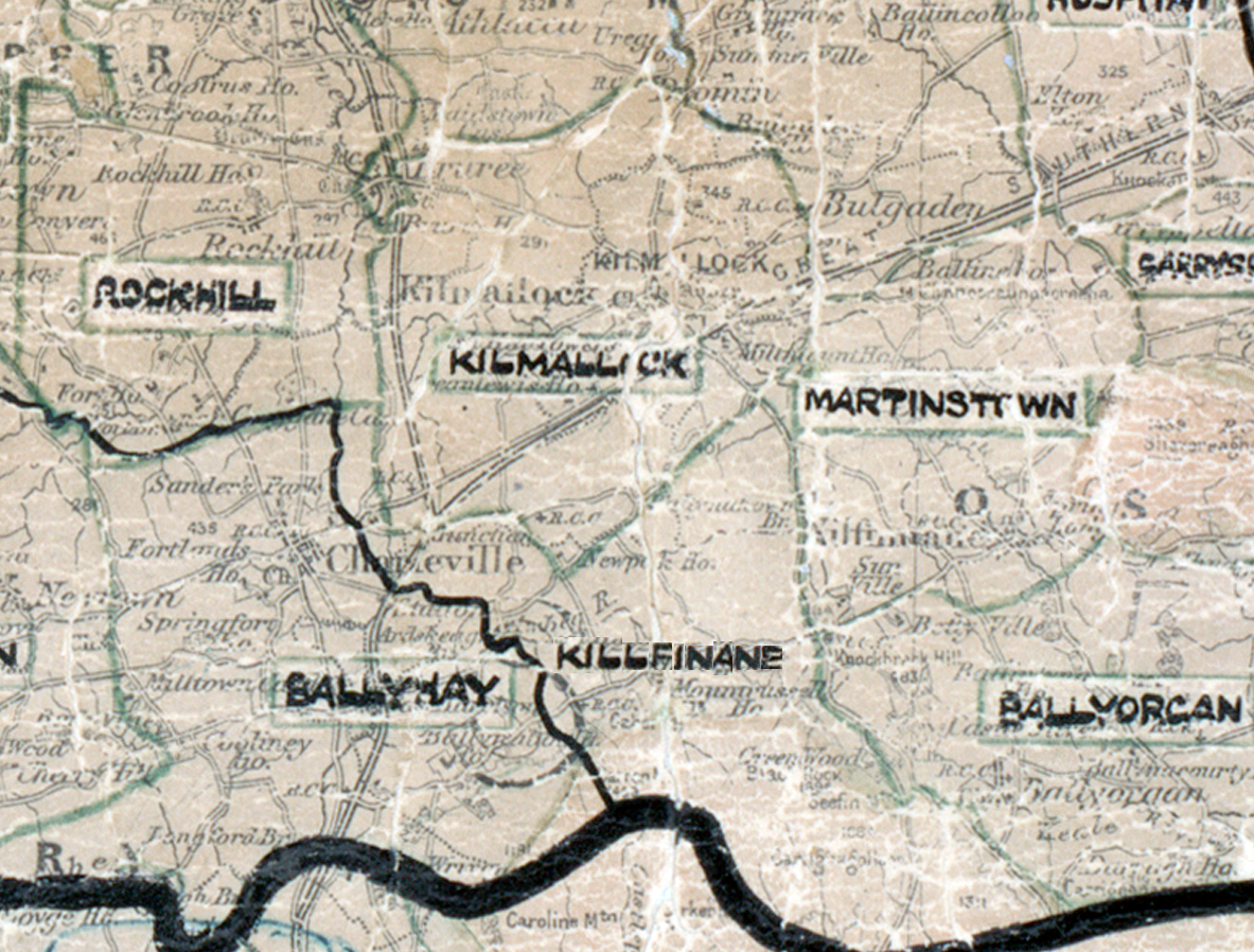 A scanned, worn historical map from the 1940s of the rural electrification area around Kilmallock. A hand‑drawn boundary outlines the region, including Rockhill, Kilfinane, Martinsstown, Ballyagran, and Ballyvorcan.
