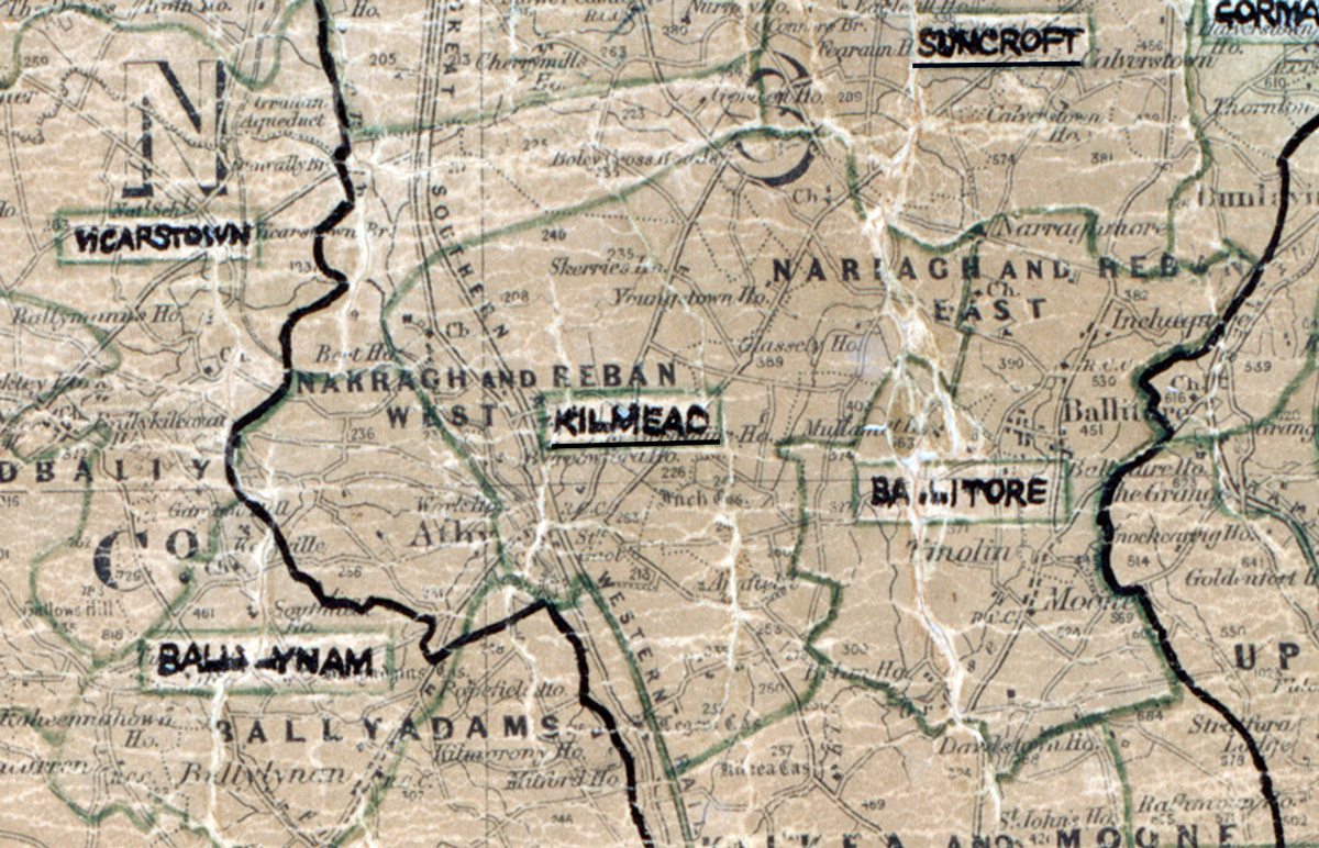A scanned, worn historical map from the 1940s of the  rural electrification area around Kiltoom. A hand‑drawn boundary outlines the region, including Vicarstown, Suncroft, Ballynam and Baltimore.