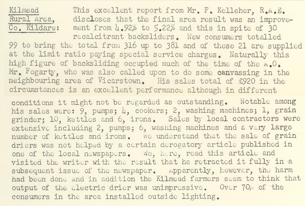 A scanned page from the ESB REO magazine about the Kilmead Rural Area.