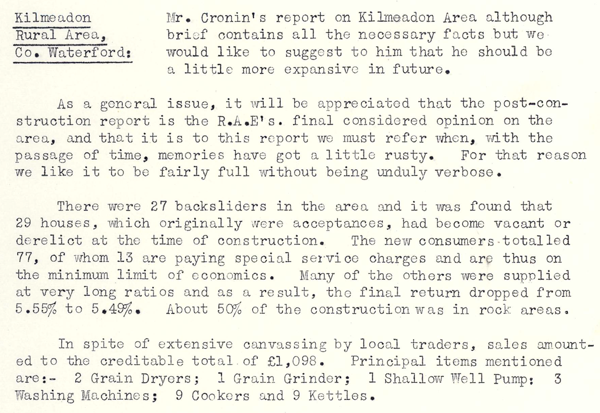 A scanned page from the ESB REO magazine about the Kilmeaden Rural Area