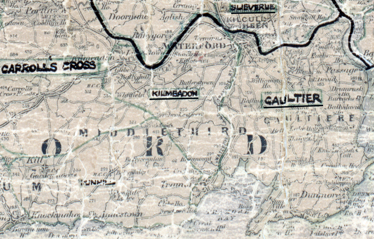 A scanned, worn historical map from the 1940s of the rural electrification area around Kilmeaden. A hand‑drawn boundary outlines the region, including Carrolls Cross, Gaultier, Slieverue, and Tramore.