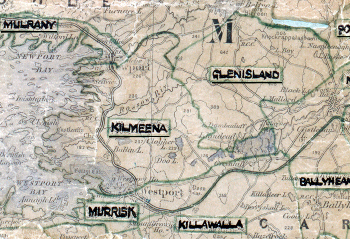 A scanned, worn historical map from the 1940s of the rural electrification area around Kilmeena. A hand‑drawn boundary outlines the region, including Mulrany, Glenisland, Murrisk, Killawalla, and Ballyheane.
