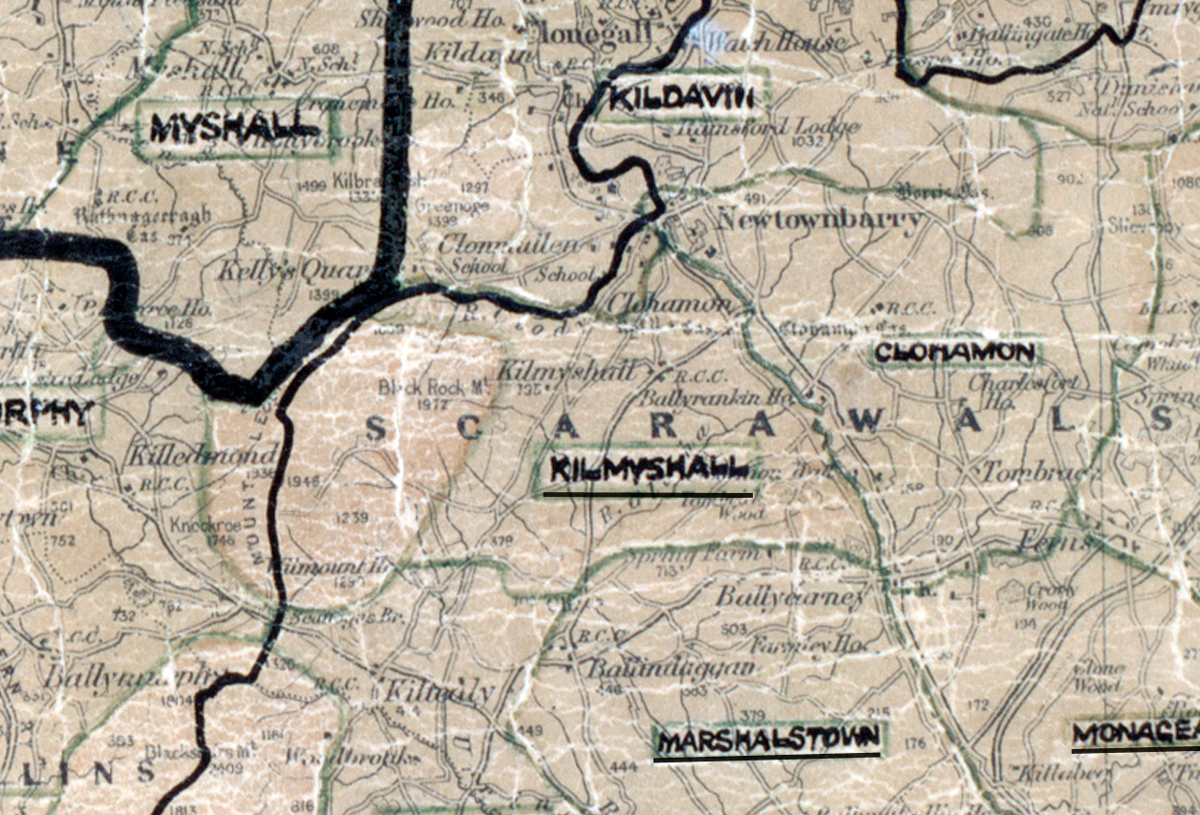 “A scanned, worn historical map from the 1940s of the rural electrification area around Kilmyshall. A hand‑drawn boundary outlines the region, including Clomanon and Kildavin.