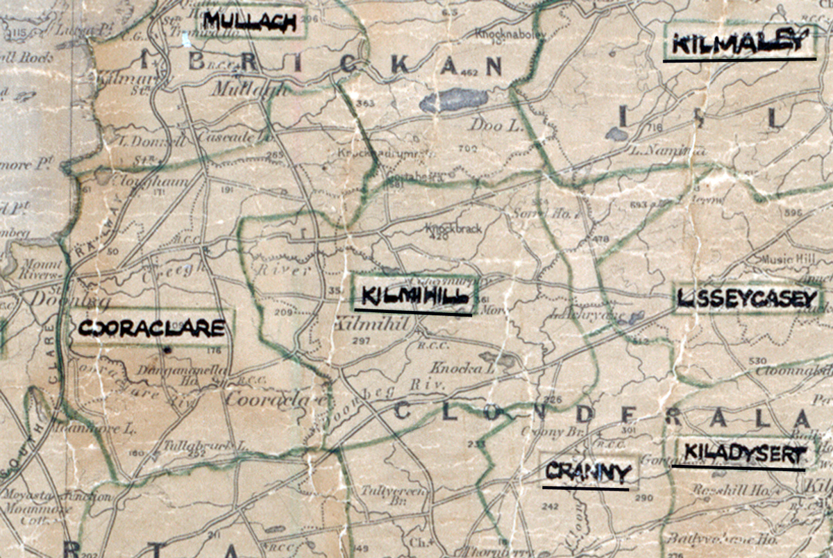 A scanned, worn historical map from the 1940s of the rural electrification area around Kilmihill. A hand‑drawn boundary outlines the region, including Mullagh, Cooraclare, Kilmaley, Lisseycasey, Cranny, and Kildysart.