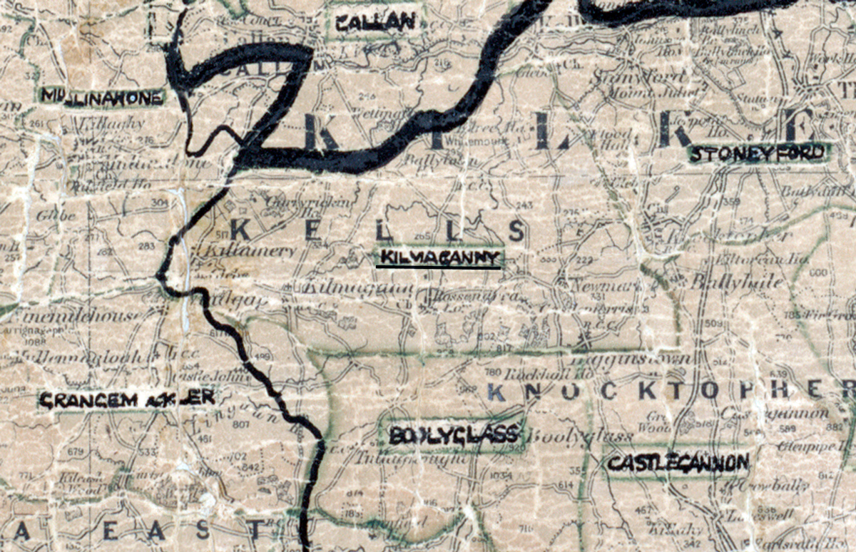 A scanned, worn historical map from the 1940s of the rural electrification area around Kilmoganny. A hand‑drawn boundary outlines the region, including Mullinahone, Callan, Stoneyford, and Castlegannon.