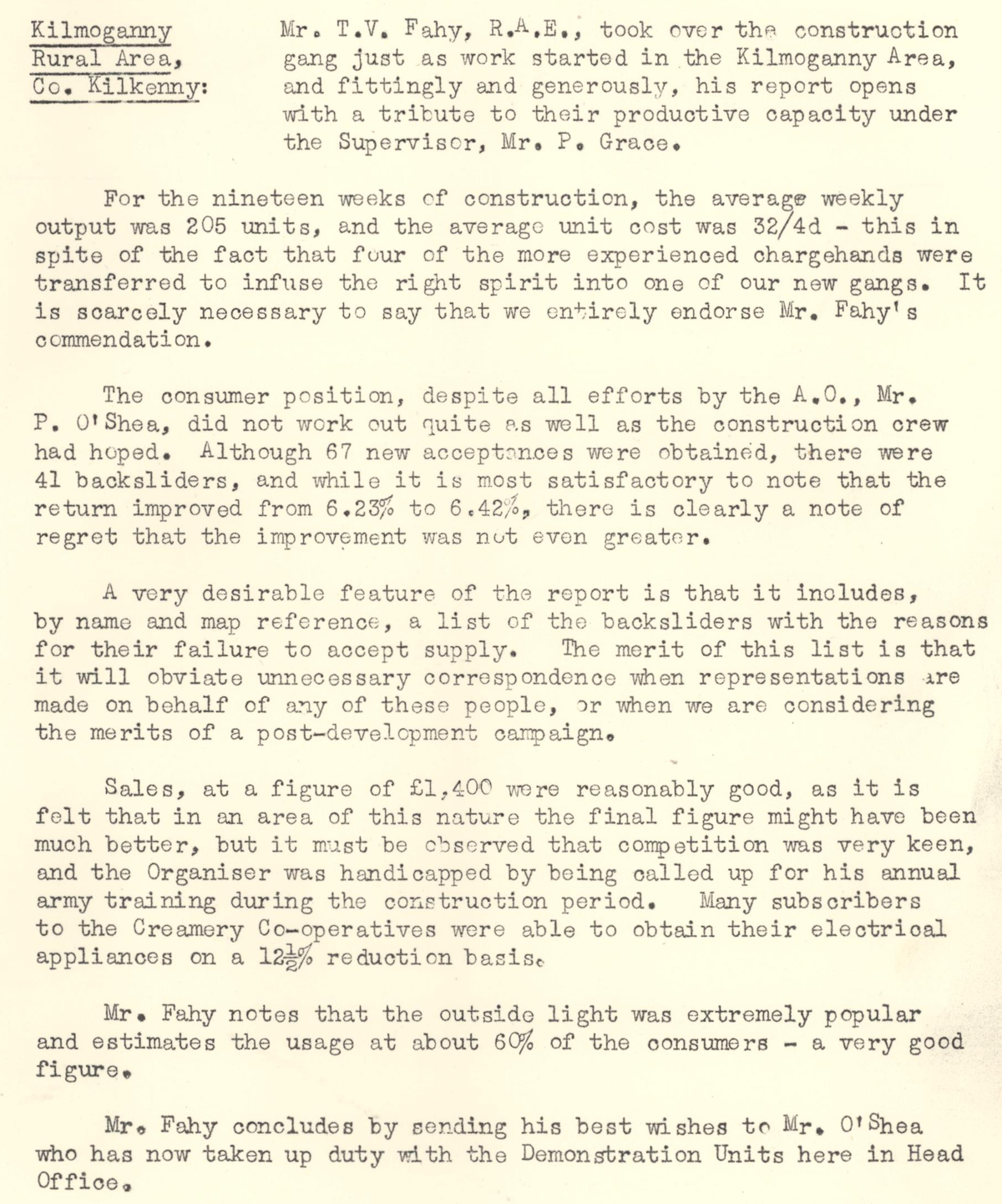 A scanned page from the ESB REO magazine about the Kilmoganny Rural Area