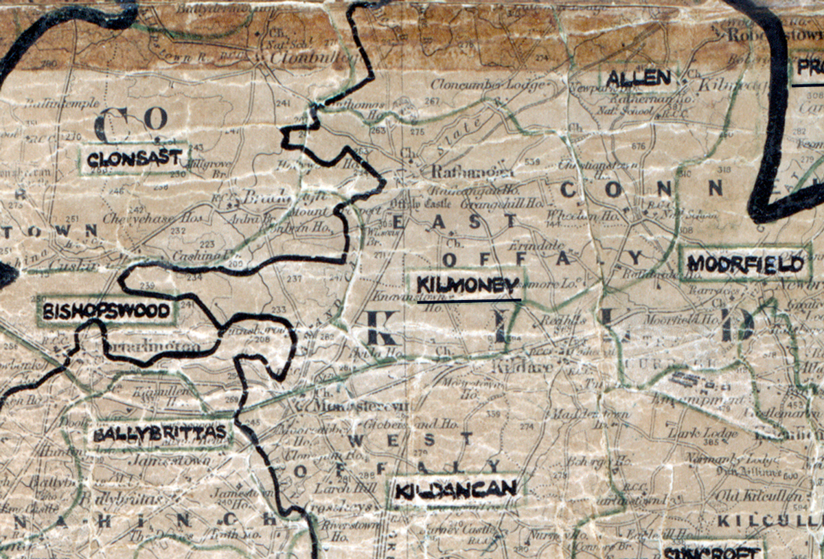 A scanned, worn historical map from the 1940s of the  rural electrification area around Kilmoney. A hand‑drawn boundary outlines the region, including Clonsast, Allen, Bishopswood, Modrfield, Ballybrittas and Kildancan.