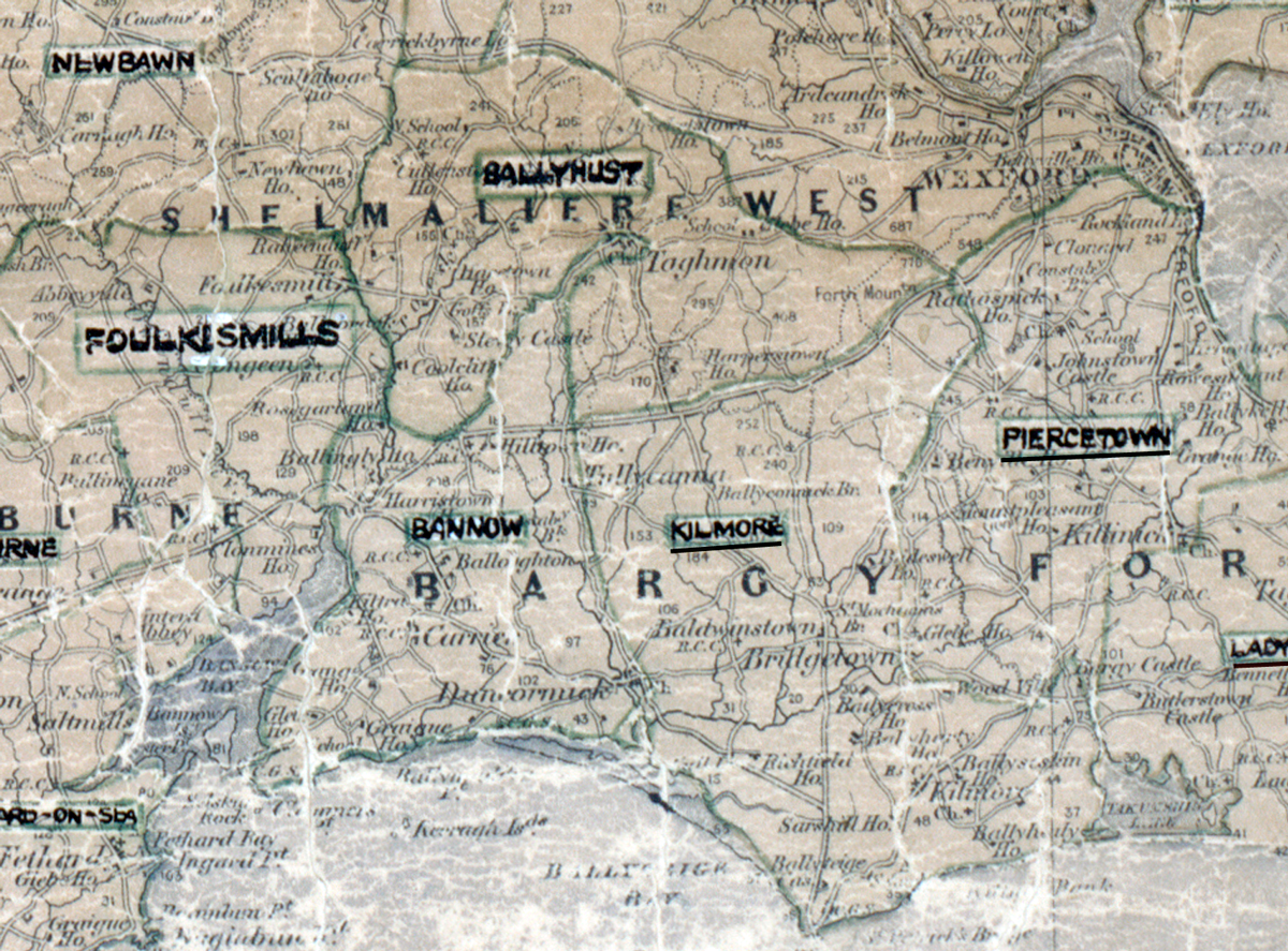 “A scanned, worn historical map from the 1940s of the rural electrification area around Kilmore. A hand‑drawn boundary outlines the region, including Bannow and Piercetown.
