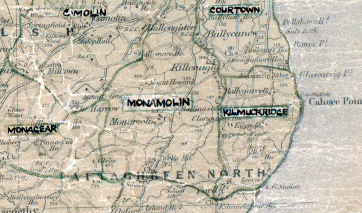 “A scanned, worn historical map from the 1940s of the rural electrification area around Monamolin. A hand‑drawn boundary outlines the region, including Kilmuckridge and Courtown.