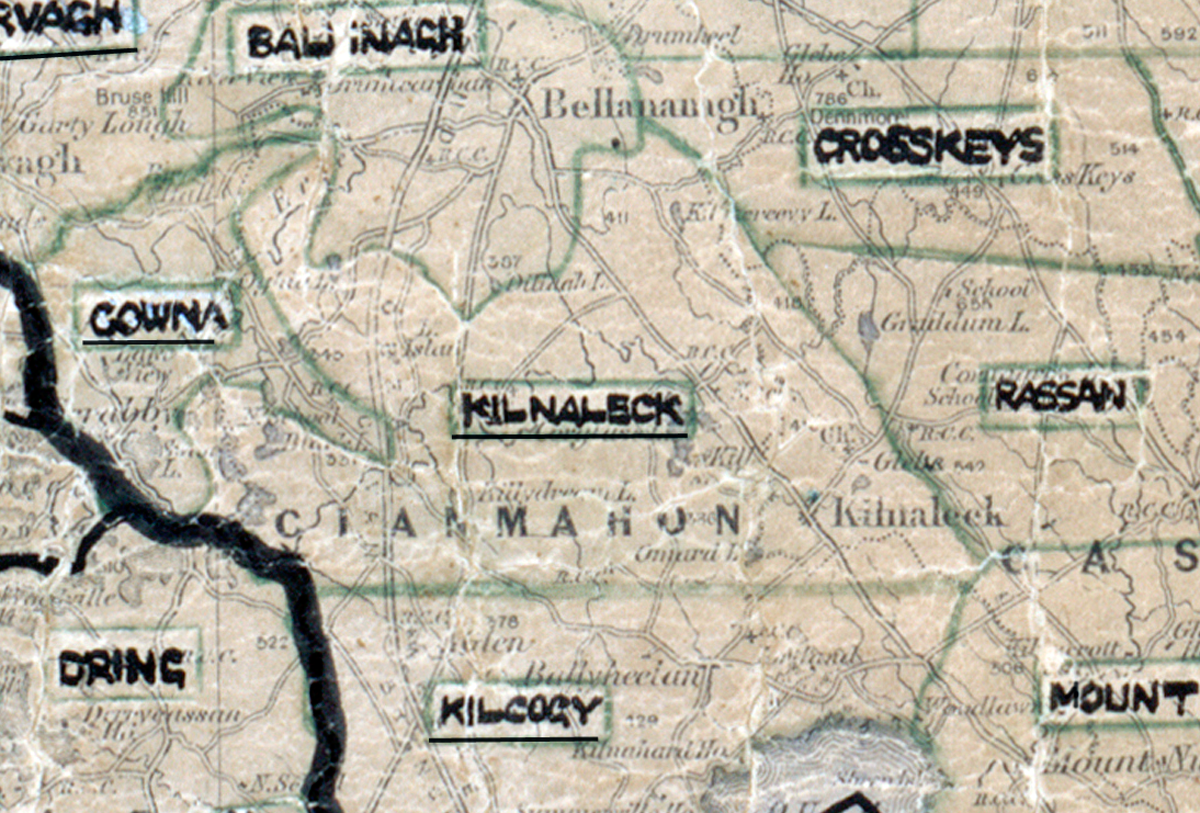 A scanned, worn historical map from the 1940s of the rural electrification area around Kilnaleck. A hand‑drawn boundary outlines the region, including Gowna, Ballinagh, Crosskeys, Rassan, Kilcogy, and Dring.