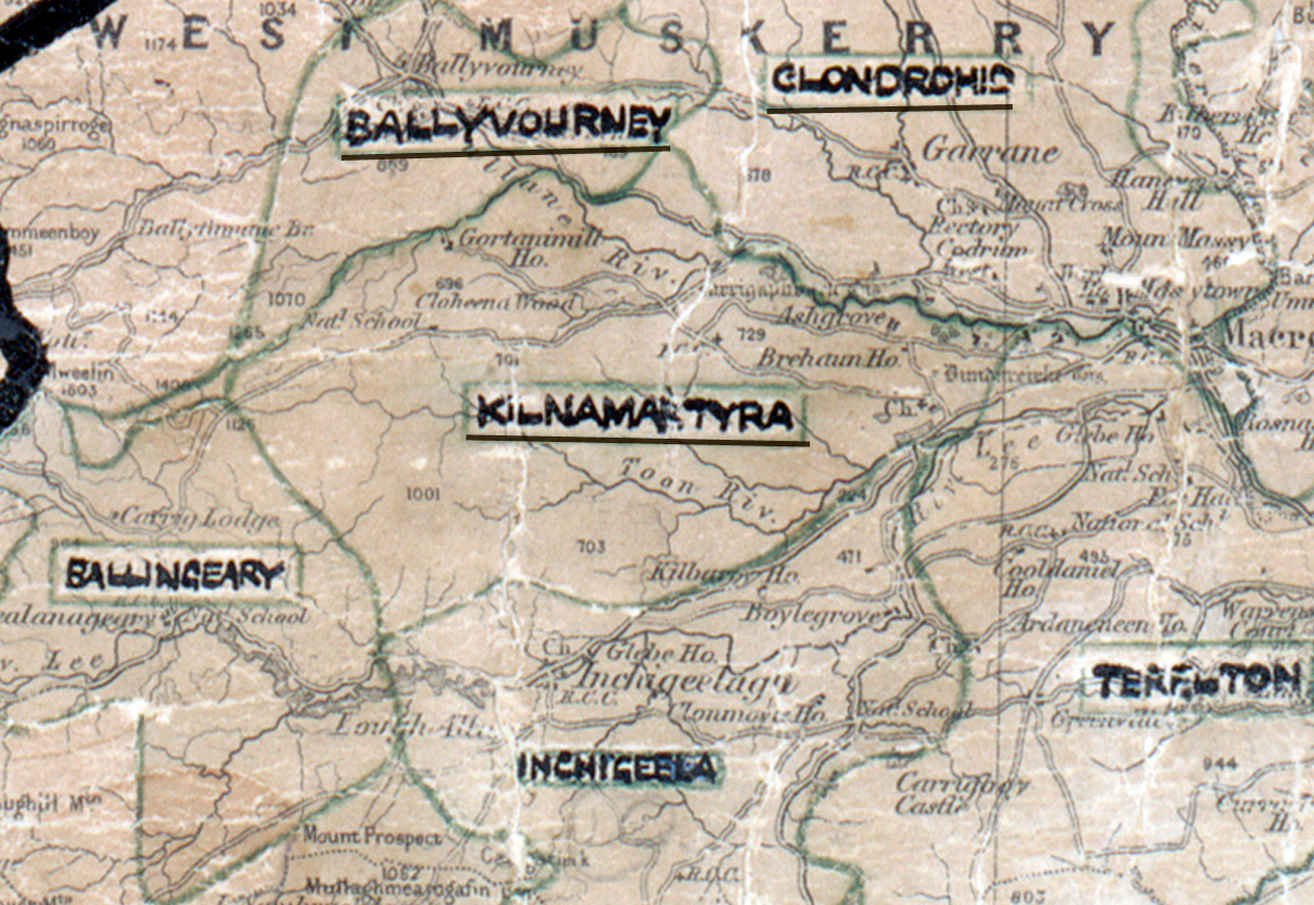 A scanned, worn historical map from the 1940s of the  rural electrification area around Kilnamartyra. A hand‑drawn boundary outlines the region, including Ballyvourney, Clondrohid, Ballingeary, Ingchigeel and Terelton.